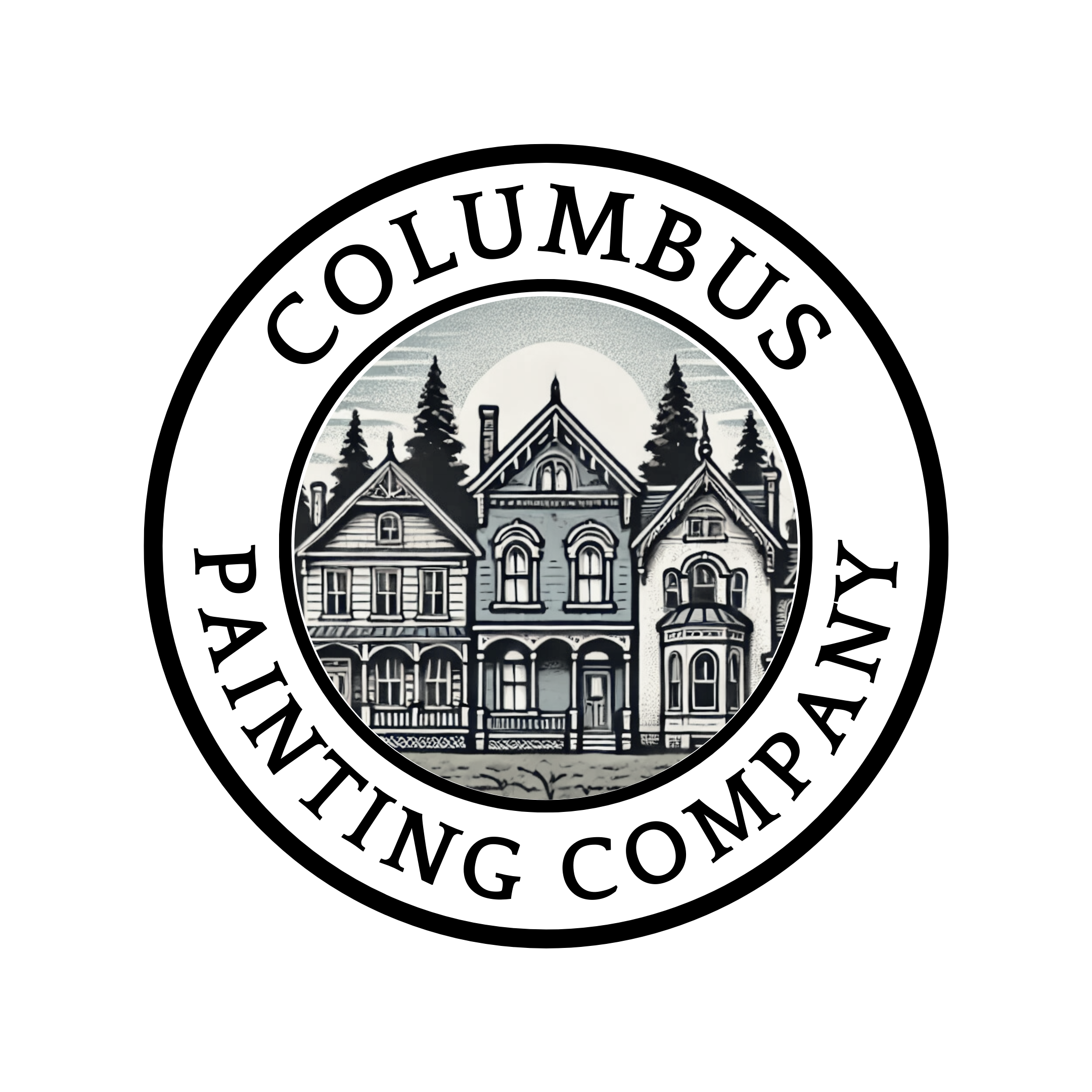 This black and white illustration showcases a meticulously detailed Victorian-style mansion, ideal for showcasing the precision and heritage restoration capabilities of a professional painting company in Columbus, Nebraska. The mansion features elaborate architectural details such as ornate window frames, multiple gables, and a grand entrance, set against a backdrop of towering trees, reflecting the historical elegance and expert craftsmanship that a local painting business could enhance.